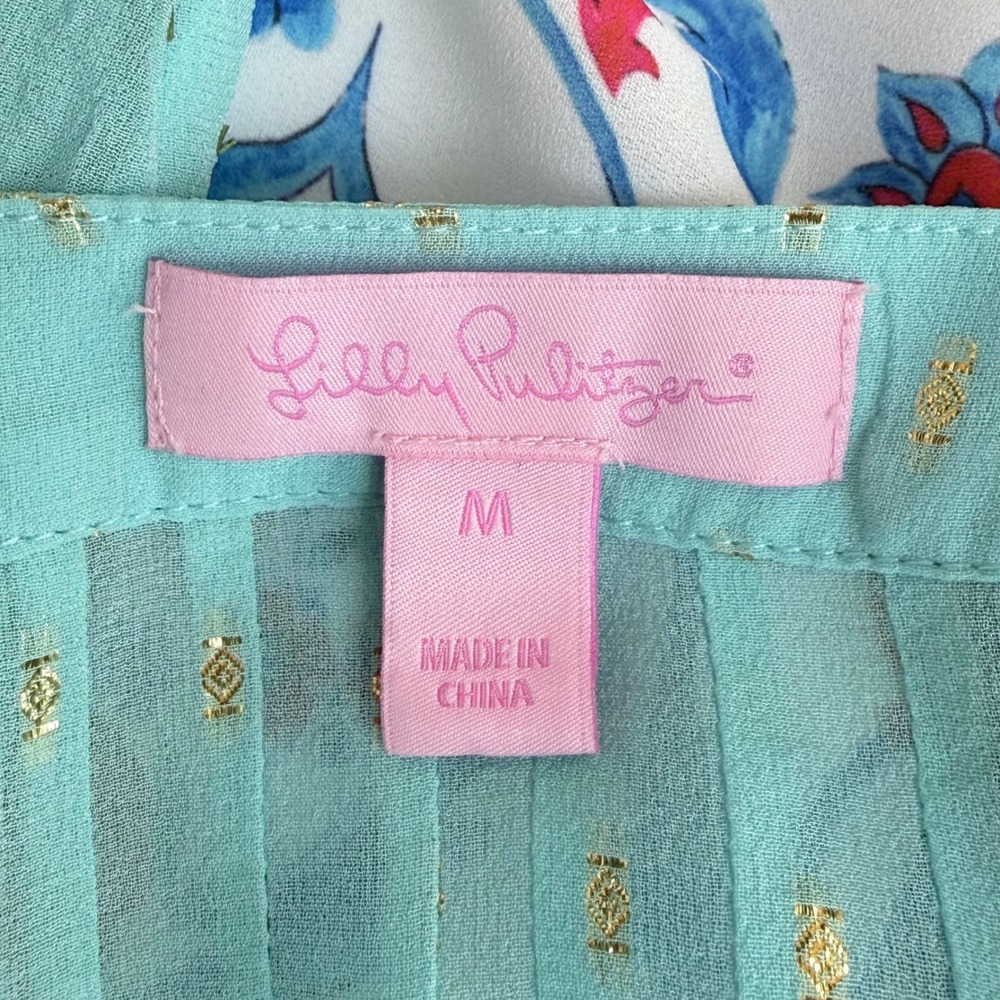 Lilly Pulitzer Elsa Silk Sheer Tunic Aqua Blue w Gold Metallic Clip Dots Size M‎ - Picture 8 of 9
